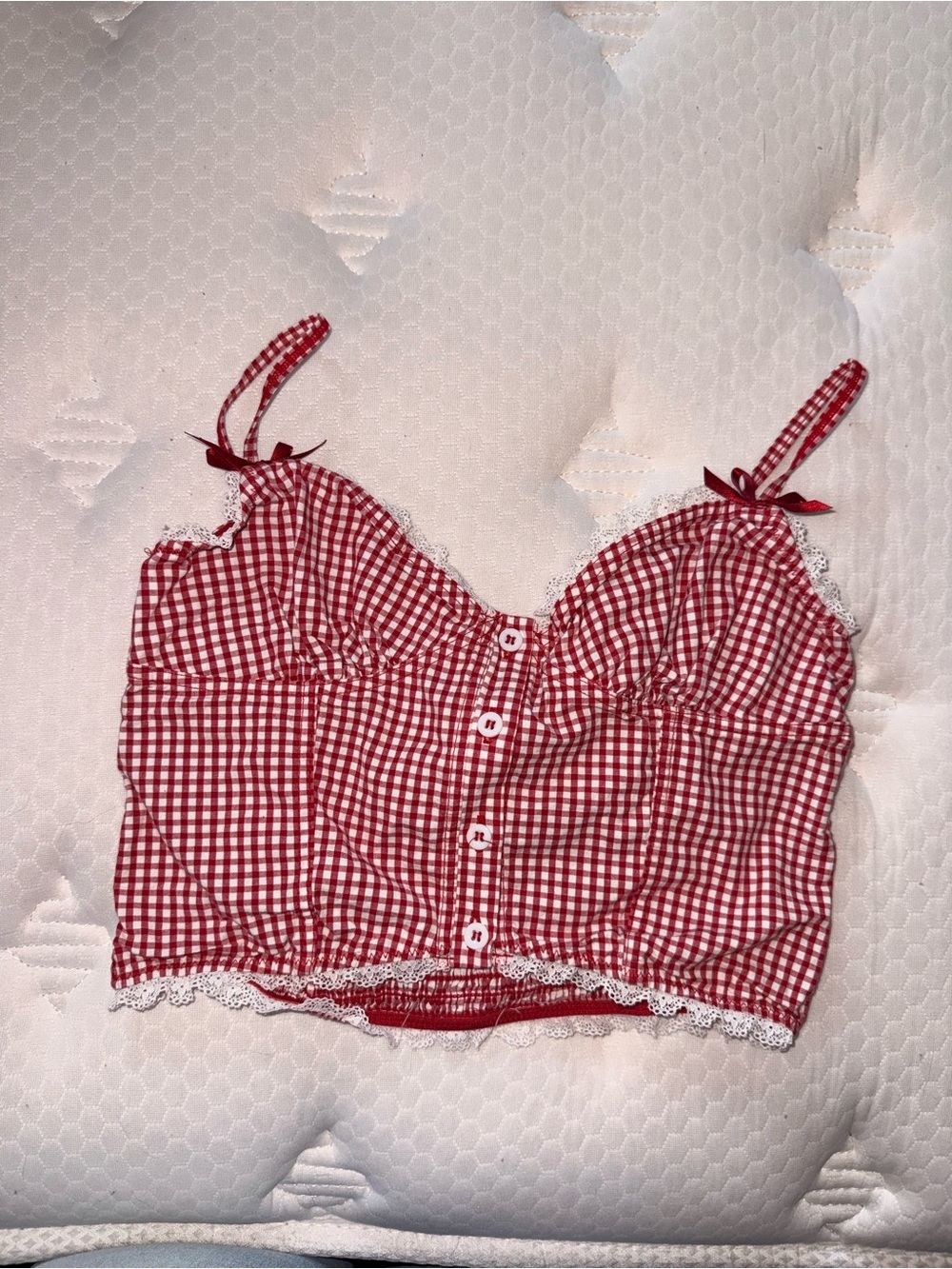 109. Red Gingham Lace-Trim Crop Cami Top